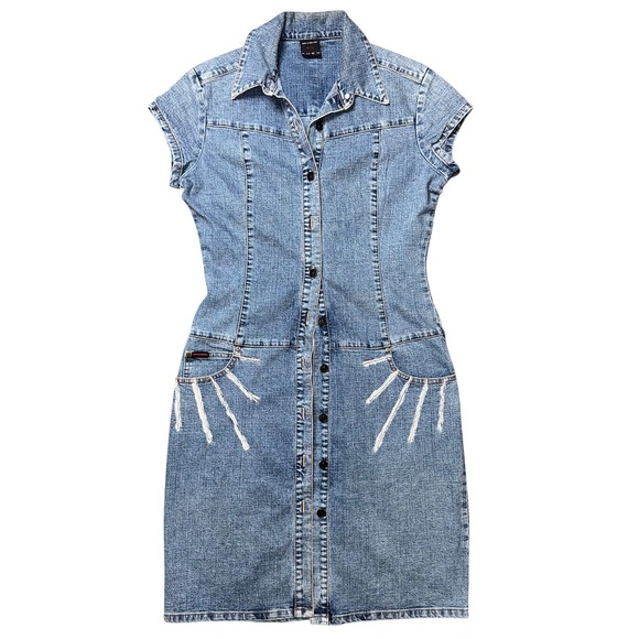 FUBU Dresses & Skirts - FUBU Vintage 90s Denim Mini Dress Light Wash Button Front Short Sleeve Blue